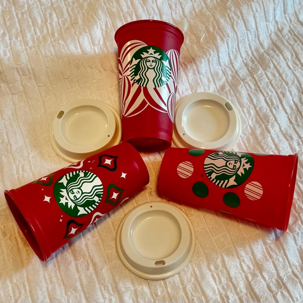 🎄 Lot 3 Starbucks grande reusable 16oz red cup tumbler holiday lids Christmas